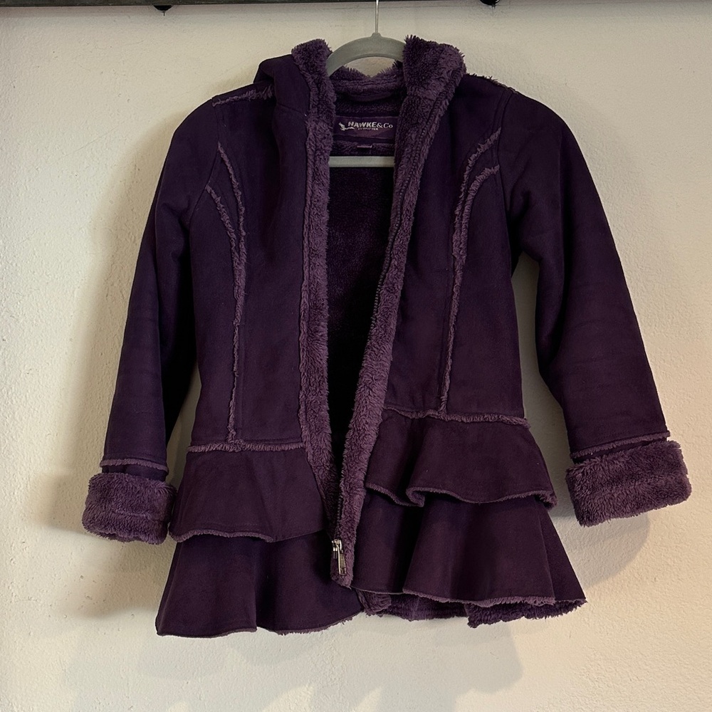Purple Kids Faux Suede Coat with Ruffle Hem